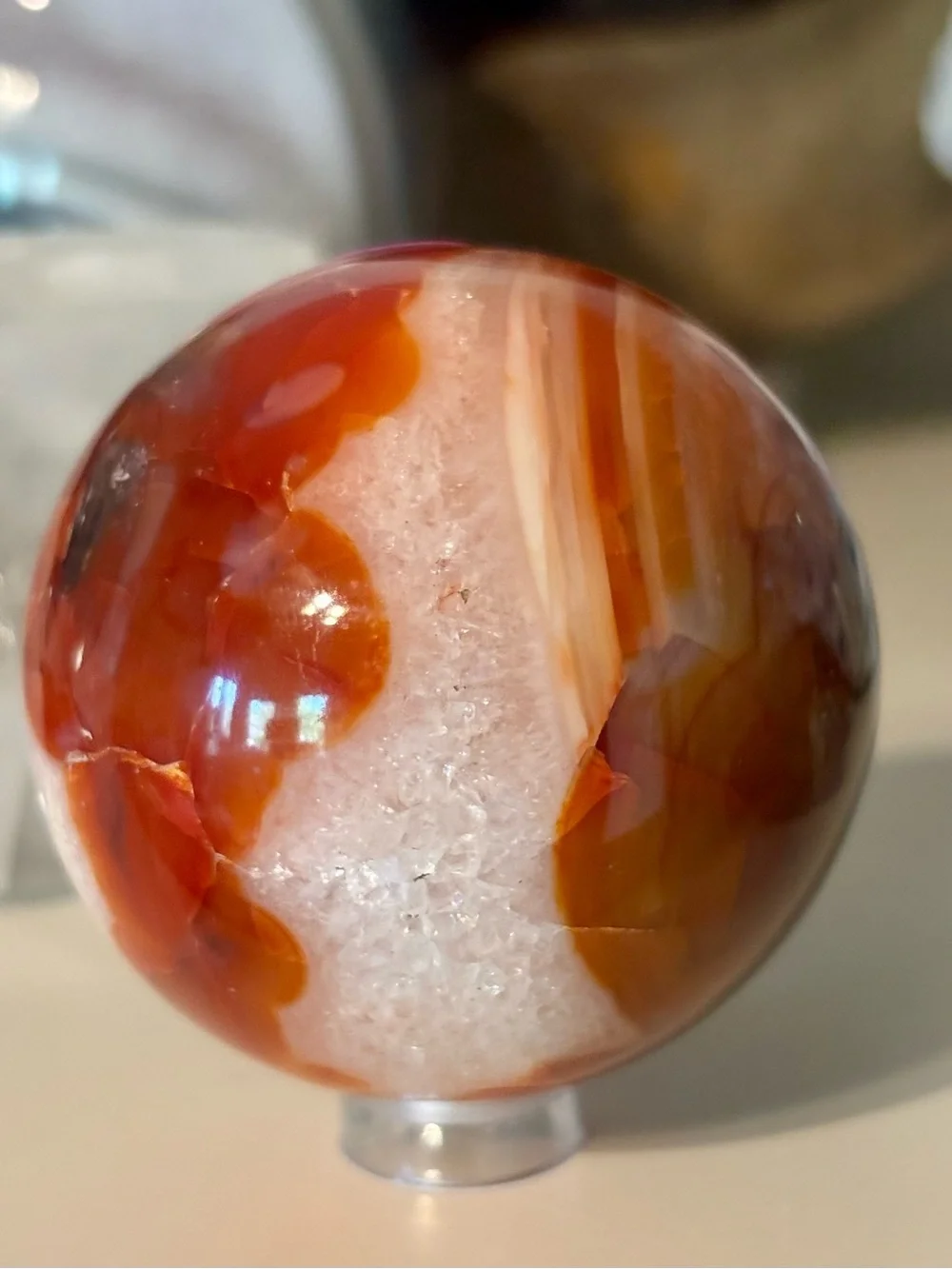 Red Ocean Jasper Sphere with Druzy Pockets – Orbicular Crystal Sphere w Stand